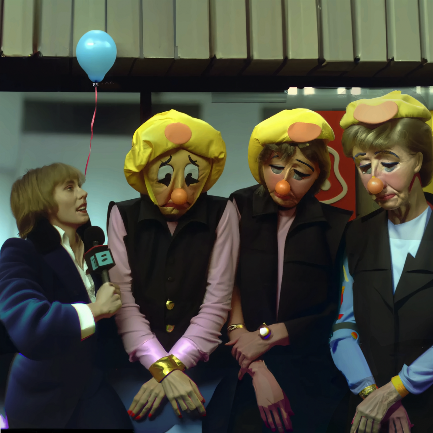 Three sad clowns being interviewed by a news reporter with a small blue balloon
