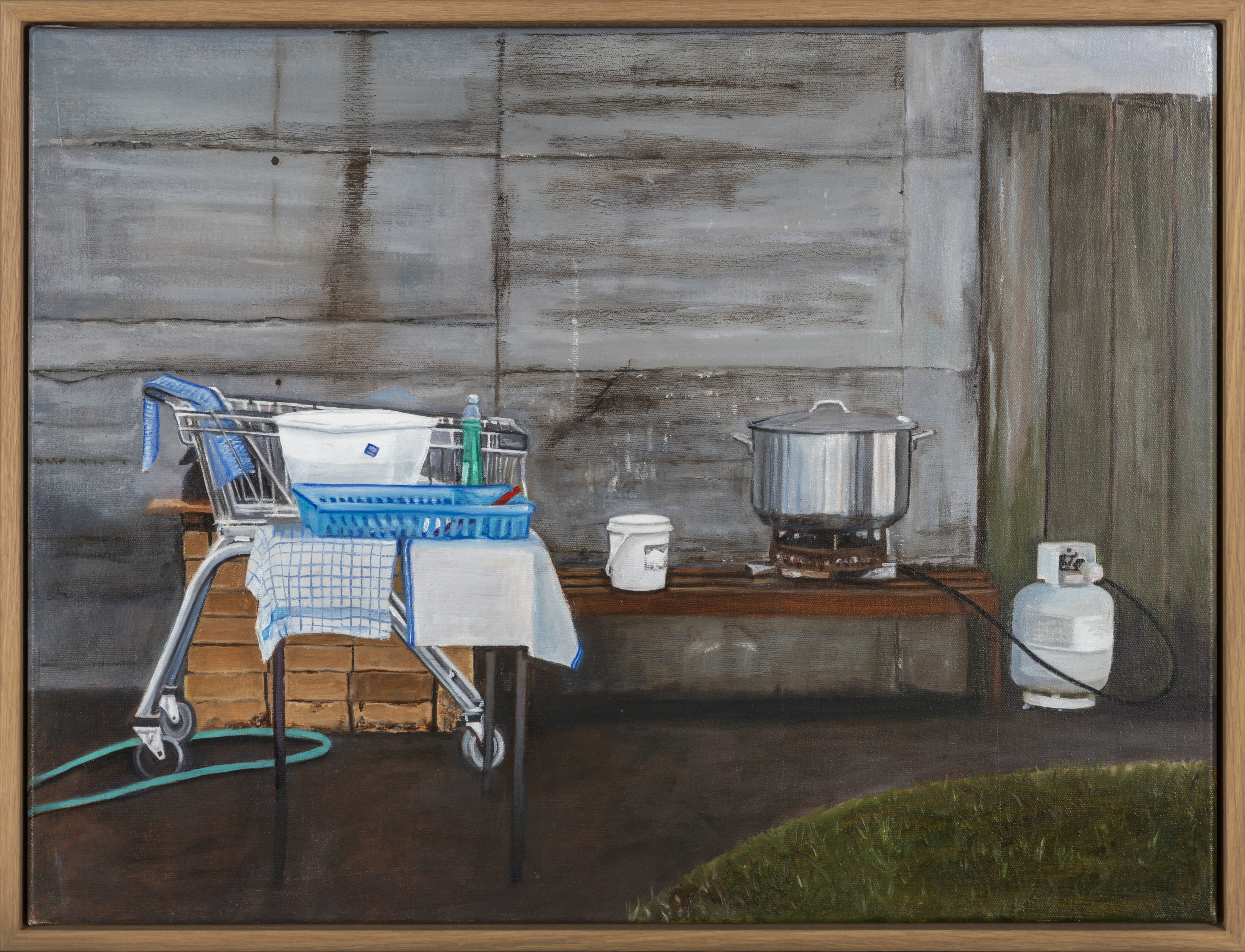 Oil painting of a makeshift outdoor kitchen