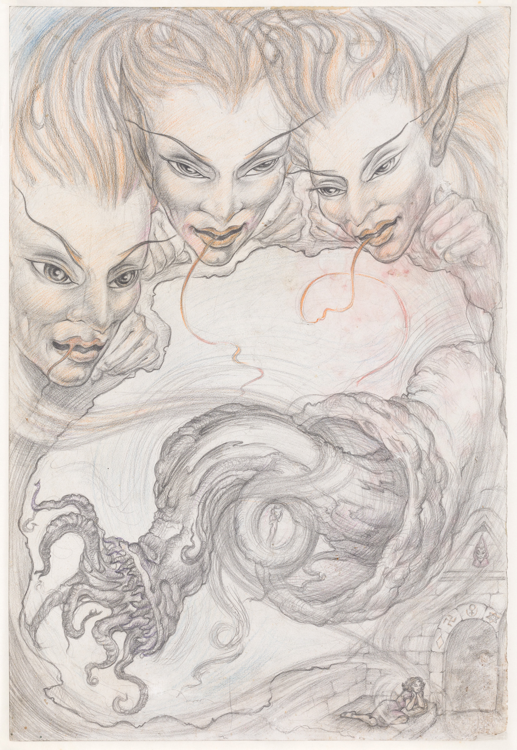 Three female witches peer over a scene of swirling claw-like tendrils that hover above a woman lying in front of an occult temple. The witches have spiked hair, pointed eyebrows and long tentacles that protude from their lips.