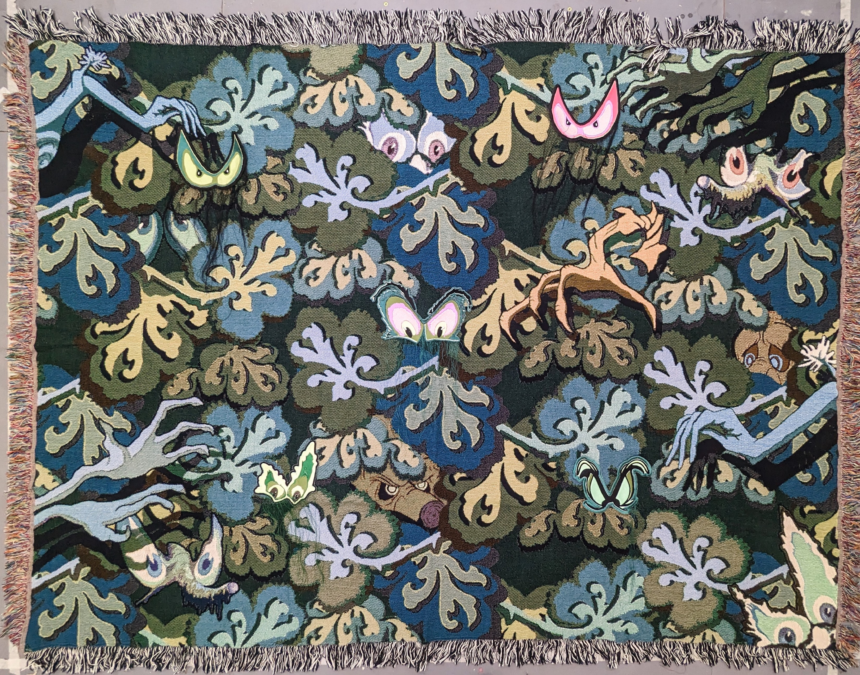 Digital tapestry with eyes peering out of William Morris style pattern