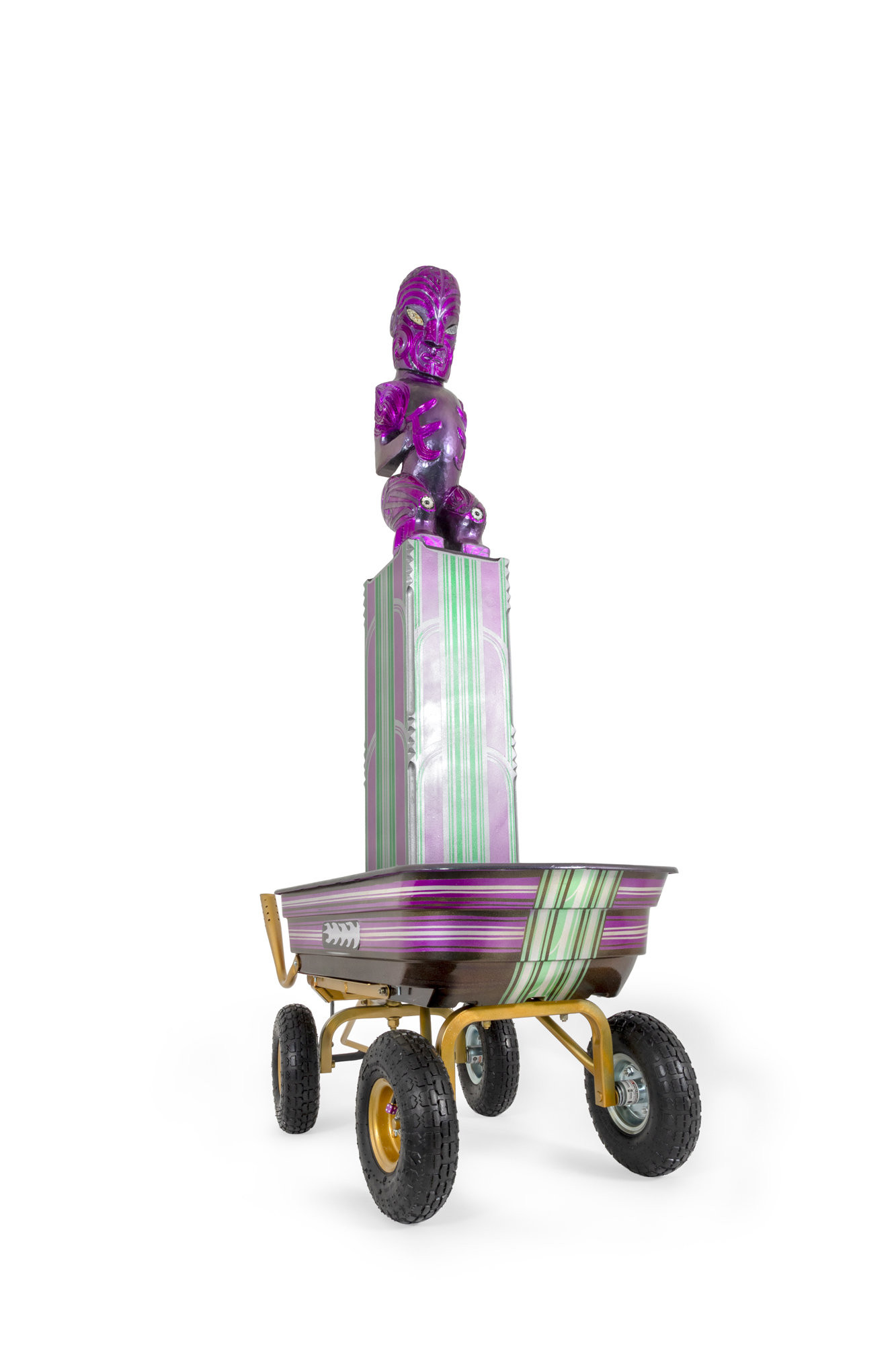 Purple sculpture by Zena Elliott in a tricked out child's wagon