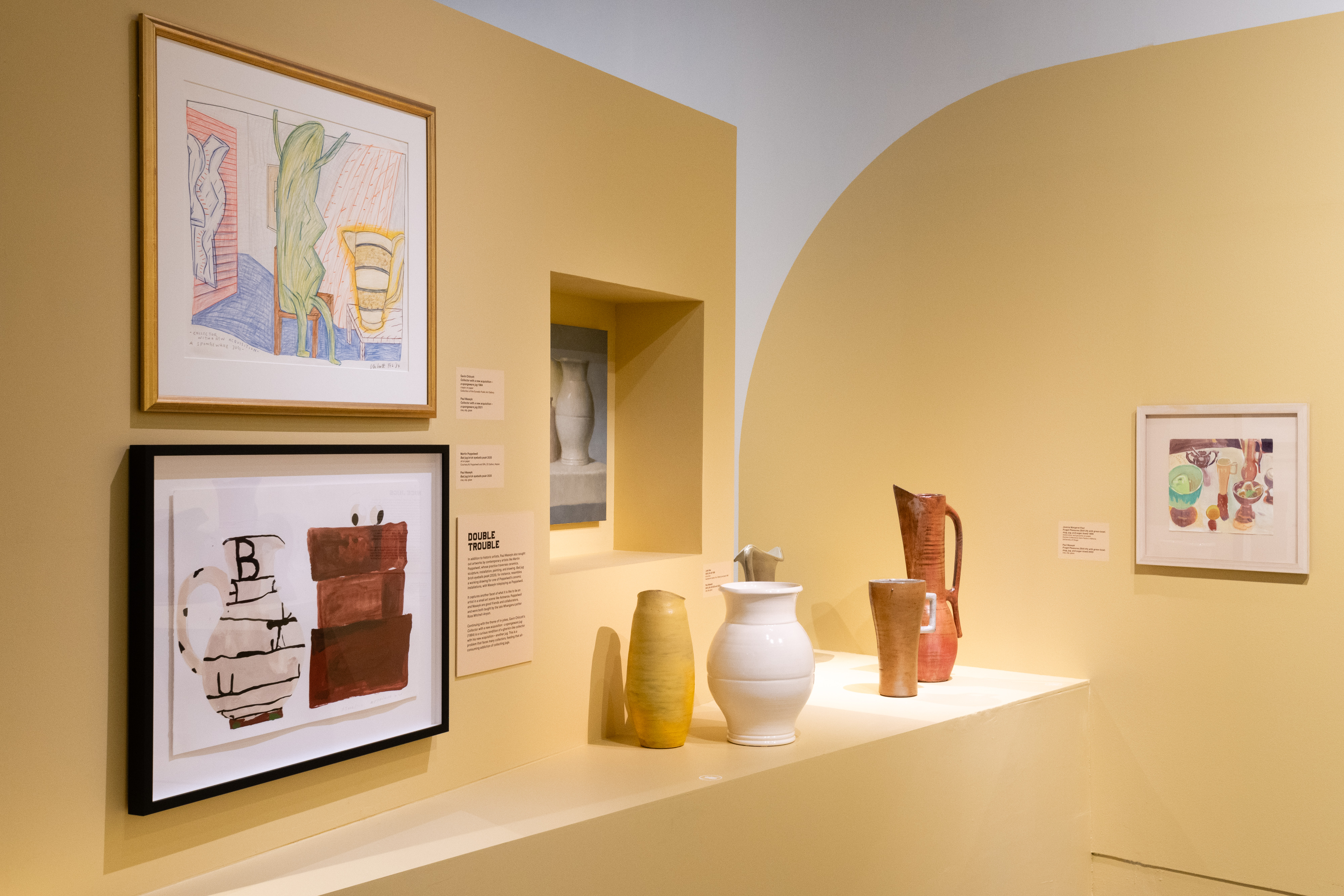 An installation shot of Paul Maseyk's jugs with the paintings they are responding to. This image features Gavin Chilcott, Martin Poppelwell and Joanna Margaret Paul's works.