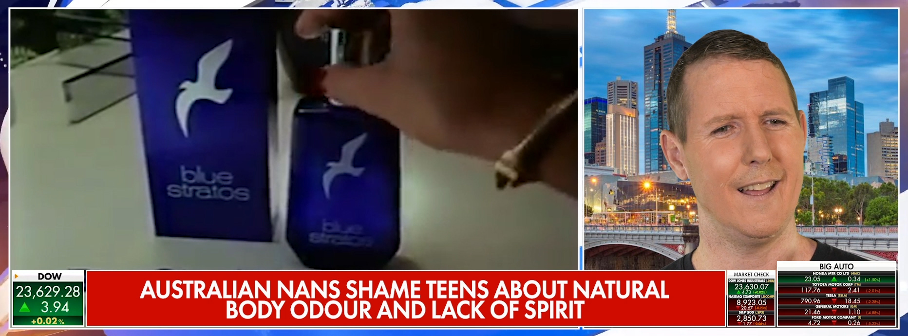 News interview with Blue Stratos cologne on left and artist Matthew Griffin on right. The caption reads 'Australian Nans Shame Teens About Natural Body Odour And Lack Of Teen Spirit'