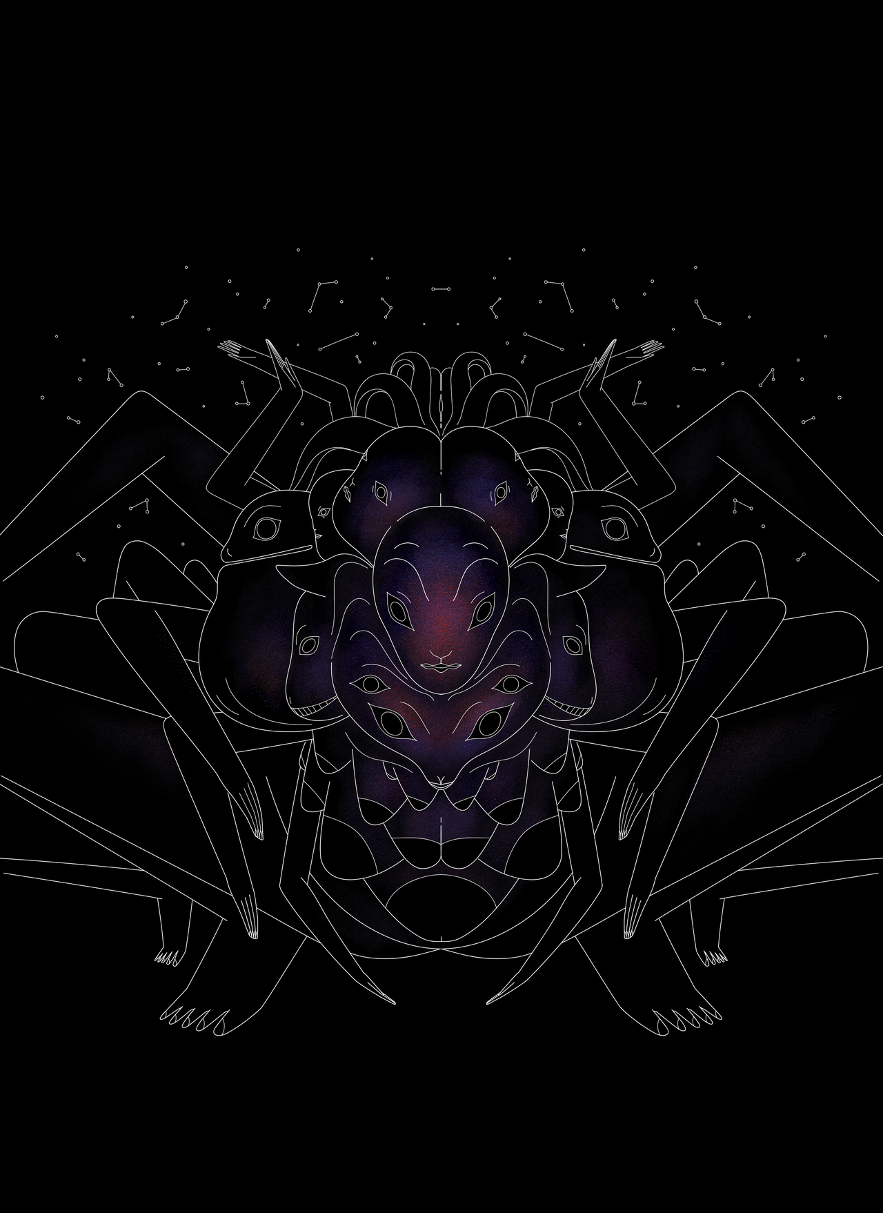 Line drawing of multi-limbed creature with purple-blue coloration
