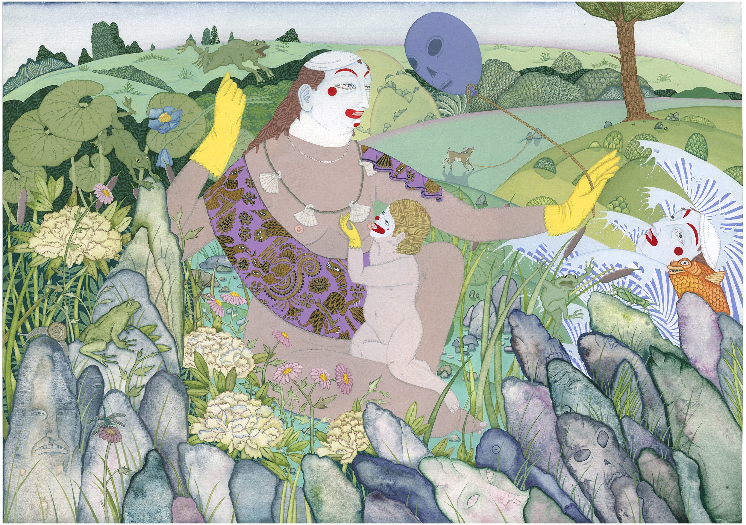 Painting of a clown madonna and child in a surreal landscape with unhinged frogs and leering rocks