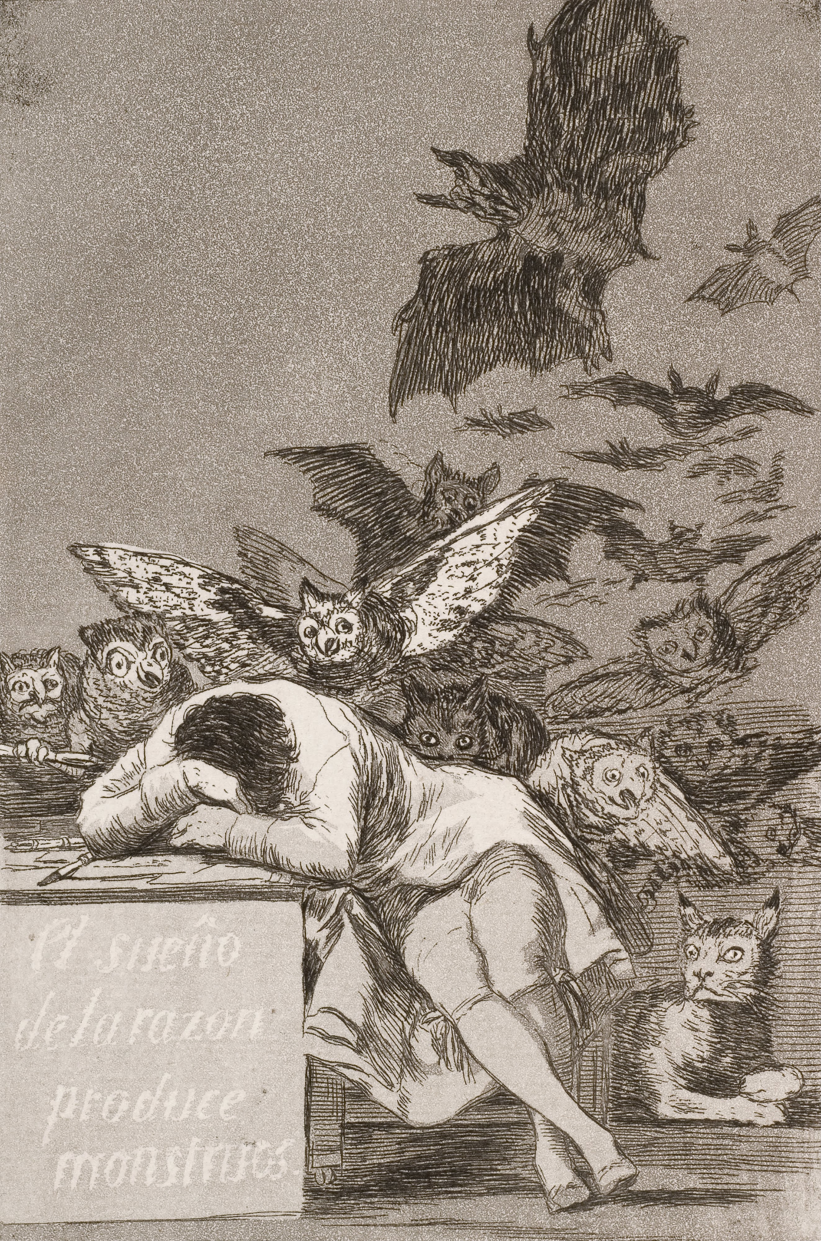 Print of a sleeping man with owls, bats and a cat swirling around his head