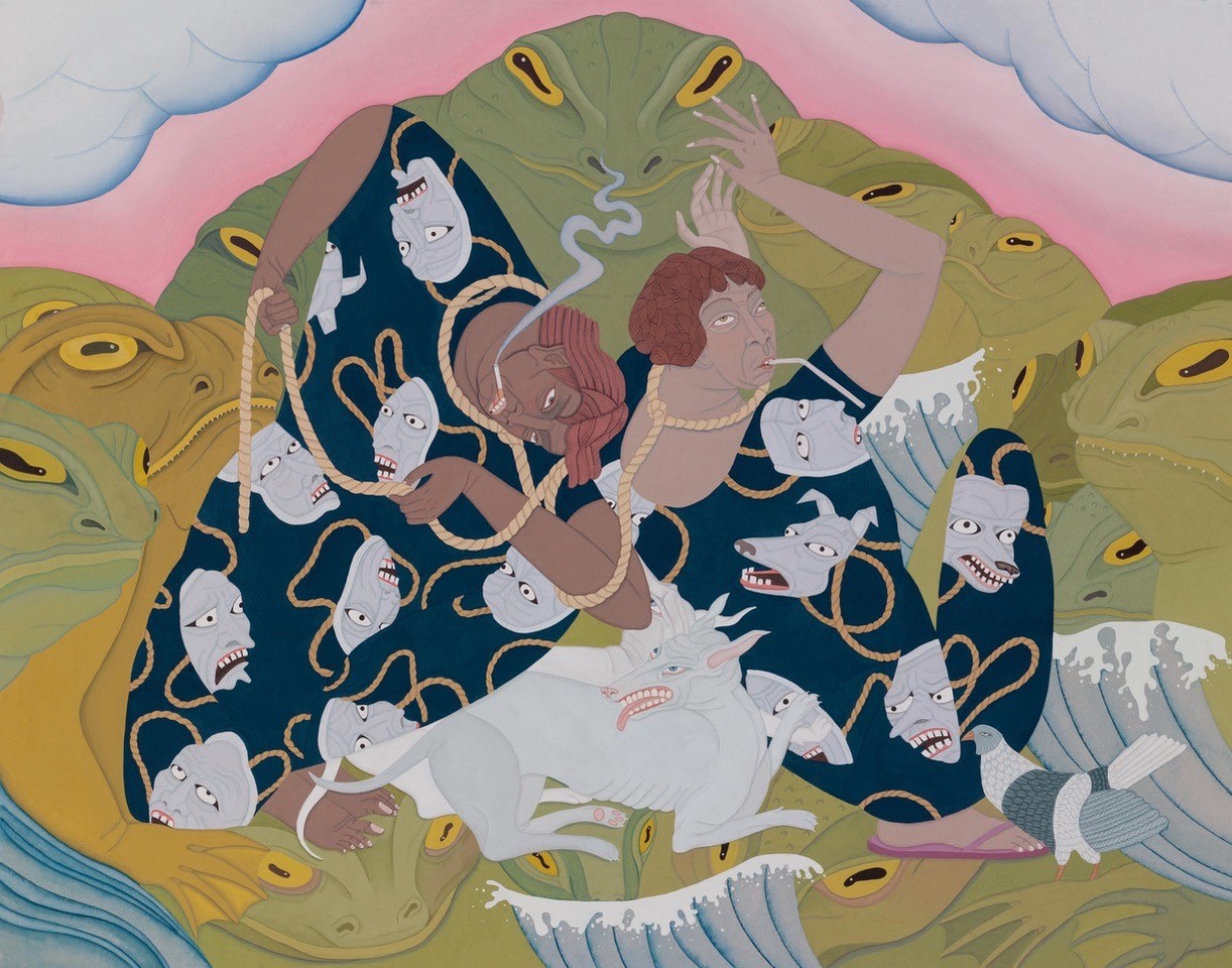 Figures and dogs with a background of menacing giant toad figures