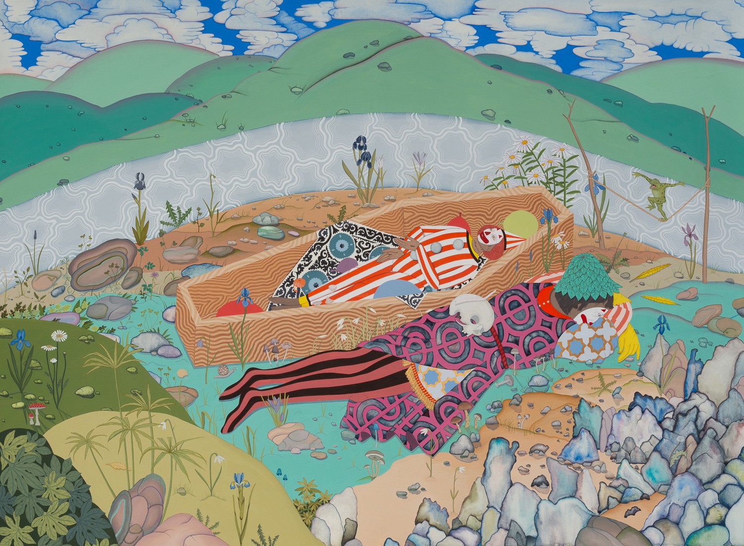 Painting of two clowns, one in coffin, laying in a outdoor landscape