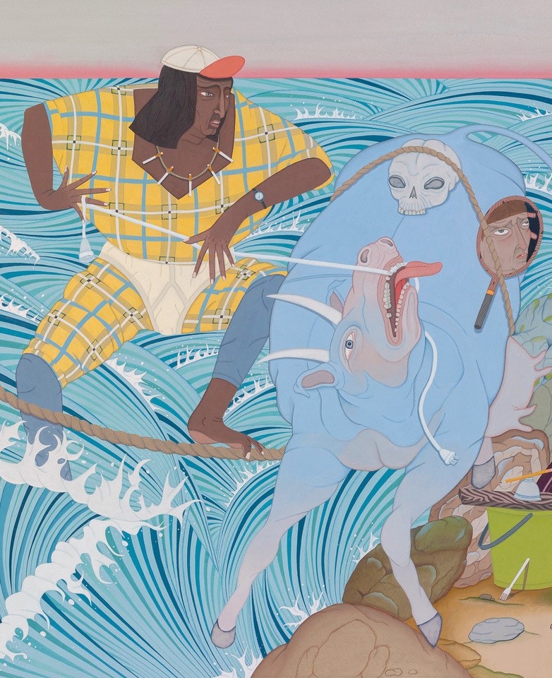 Detail from Kushana Bush painting showing blue bull and man with cigarette necklace against the roiling waves. 