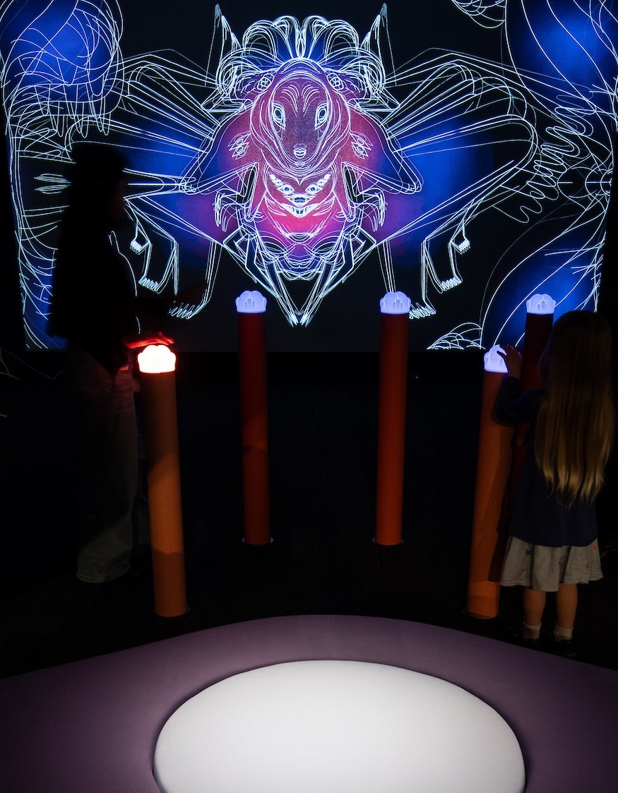 Two children playing with Metra Morpher exhibition at The Dowse